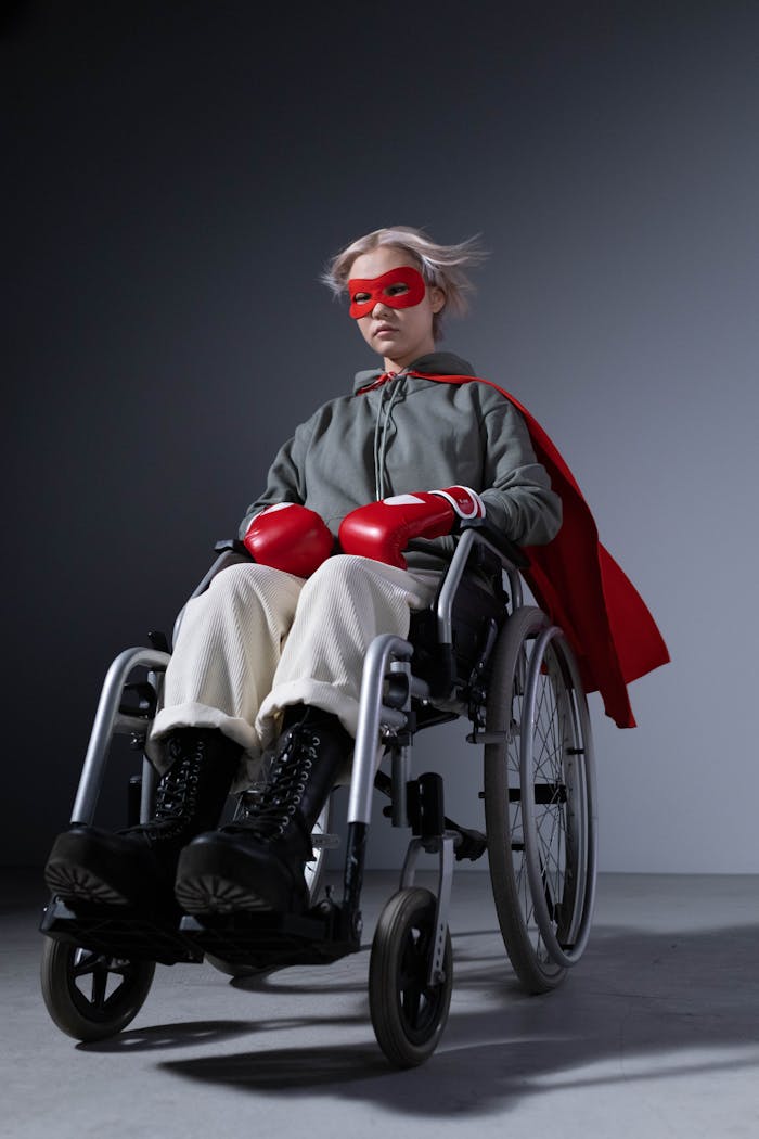 Young person in superhero costume sitting in a wheelchair wearing boxing gloves in a studio shoot.